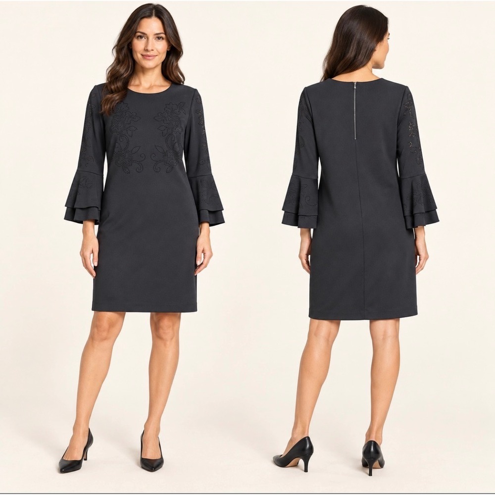 Alfani Black Perforated Flower Bell Sleeve Shift Dress Women's Size 4 EUC